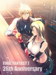 Rule 34 | 1boy, 1girl, anniversary, armor, bare shoulders, black gloves, black hair, black skirt, blonde hair, blue eyes, breasts, closed mouth, cloud strife, commentary request, crop top, cup, earrings, elbow gloves, elbows on table, final fantasy, final fantasy vii, fingerless gloves, food, gloves, hair behind ear, hair between eyes, holding, holding cup, indoors, jewelry, large breasts, long hair, looking at another, minato (ct 777), red eyes, red gloves, ribbed sweater, shoulder armor, single bare shoulder, single earring, sitting, skirt, sleeveless, sleeveless turtleneck, spiked hair, suspender skirt, suspenders, sweater, swept bangs, table, tank top, tifa lockhart, turtleneck, turtleneck sweater, white tank top