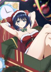 Rule 34 | 1girl, absurdres, alternate costume, armpits, arms behind head, bare arms, blue eyes, blue hair, box, breasts, christmas, christmas tree, cleavage, clock, closed mouth, commentary, dress, foureyed crow, gift, gift box, gloves, hat, highres, hololive, hololive english, knees up, large breasts, looking at viewer, lying, medium hair, on back, ouro kronii, red dress, red gloves, santa dress, santa hat, smile, solo, symbol-only commentary, virtual youtuber