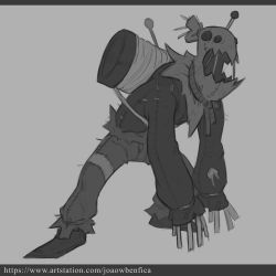 Rule 34 | absurdres, artist name, button eyes, buttons, copyright request, grey background, greyscale, highres, joaowbenfica, long sleeves, monochrome, open mouth, pants, rope around neck, scarecrow, shoes, sweater, torn clothes, torn sweater, watermark, web address