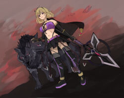 Rule 34 | 1girl, animal, black cape, black footwear, black gloves, black skirt, blonde hair, boots, bracelet, breasts, cape, chain, commentary, covered erect nipples, dutch angle, elbow gloves, gloves, highres, holding, holding polearm, holding weapon, jewelry, medium breasts, mitarasi ranko, moltena (sennen sensou aigis), navel, no pupils, outdoors, polearm, red sky, sennen sensou aigis, sketch, skirt, sky, solo, standing, thigh boots, weapon, wolf