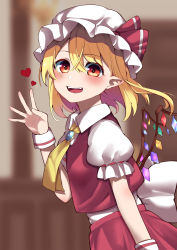 Rule 34 | 1girl, :d, absurdres, ascot, blonde hair, blurry, blurry background, blush, brooch, crystal, dress, flandre scarlet, flat chest, from side, hat, heart, highres, indoors, jewelry, keenii (kenny86), looking at viewer, mob cap, one side up, open mouth, pointy ears, red dress, red eyes, short hair, smile, solo, touhou, upper body, waving, wings, yellow ascot