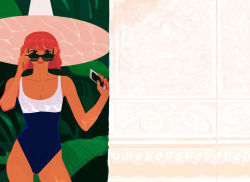 Rule 34 | 1girl, breasts, carving, cellphone, cleavage, closed eyes, hat, hot, jungle, leaf, looking at viewer, nature, one-piece swimsuit, original, outdoors, palm leaf, phone, pink hat, red hair, reflection, short hair, smile, solo, sunglasses, sunlight, swimsuit, tagme, wall, witch, witch hat, woon, woonyoung