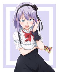 Rule 34 | 1girl, absurdres, arm under breasts, blue eyes, bow, bowtie, breasts, candy, commentary, dagashi kashi, emily0103, flower, food, frilled shirt, frills, hair flower, hair ornament, hairband, high-waist skirt, highres, holding, holding candy, holding food, large breasts, purple hair, red bow, red bowtie, red nails, shidare hotaru, shirt, skirt, suspender skirt, suspenders, white shirt, wrapped candy