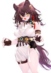 Rule 34 | animal ears, arknights, armlet, belt, belt pouch, black hair, cowboy shot, dress, fang, fingerless gloves, gloves, highres, kochiya (gothope), lunacub (arknights), medium hair, no panties, pouch, side slit, skin fang, tail, thigh strap, white background, white dress, yellow eyes