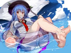 Rule 34 | 1girl, afloat, bad feet, bad id, bad pixiv id, ball, blouse, blue hair, breasts, breasts apart, crotch, feet, female focus, floating, food, fruit, full body, hat, hinanawi tenshi, innertube, large breasts, leaning back, long hair, mouth hold, neropaso, panties, peach, popsicle, red eyes, shirt, short sleeves, sketch, solo, swim ring, touhou, underwear, unfinished, upper body, water, white panties, white shirt