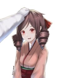 Rule 34 | 10s, 1girl, blush, brown hair, disco brando, drill hair, hand on another&#039;s head, harukaze (kancolle), head pat, highres, kantai collection, looking at viewer, open mouth, headpat, pov, pov hands, red eyes, smile, solo focus, twin drills