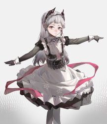 Rule 34 | 1girl, absurdres, apron, arknights, belt, black belt, black gloves, black sleeves, chinese commentary, closed mouth, collared dress, commentary request, cowboy shot, dress, earrings, feijiu, floral print, frilled apron, frills, gloves, grey background, grey eyes, grey hair, grey pantyhose, highres, irene (arknights), irene (voyage of feathers) (arknights), jewelry, light smile, long hair, long sleeves, looking at viewer, maid, maid apron, maid headdress, making-of available, official alternate costume, outstretched arms, pantyhose, pink pupils, pink ribbon, print apron, ribbon, rose print, solo, spread arms, standing, white apron, white dress