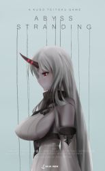 Rule 34 | 1girl, abyssal ship, altronage, breasts, colored skin, crossover, death stranding, detached sleeves, dress, english text, female focus, highres, horns, kantai collection, large breasts, pale skin, parody, red eyes, ribbed dress, ribbed sweater, seaport princess, single horn, solo, sweater, sweater dress, white dress, white hair, white skin