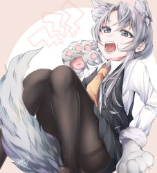 Rule 34 | 1girl, animal ears, animal hands, asymmetrical hair, black pantyhose, black vest, fangs, flipped hair, gloves, grey eyes, halloween costume, kantai collection, long sleeves, makina00, neckerchief, nowaki (kancolle), open mouth, pantyhose, paw gloves, pleated skirt, shirt, silver hair, skirt, solo, swept bangs, tail, thighband pantyhose, vest, white shirt, wolf ears, wolf tail, yellow neckerchief