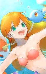 Rule 34 | 1girl, :d, air bubble, beads, breasts, bubble, cleavage, collarbone, commentary request, creatures (company), earrings, game freak, gen 1 pokemon, goldeen, green eyes, hair between eyes, highres, horsea, jewelry, kikuyoshi (tracco), long hair, looking to the side, misty (pokemon), navel, nintendo, open mouth, orange eyes, orange hair, outstretched arms, pokemon, pokemon (anime), pokemon (classic anime), pokemon (creature), smile, starmie, teeth, tongue, underwater, upper teeth only