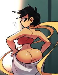 Rule 34 | 1girl, ?, ass, back, bare shoulders, black hair, bra, breasts, choker, commentary, cragscleft, dougi, dressing, english commentary, from behind, looking back, makoto (street fighter), medium breasts, narrow waist, no panties, red sports bra, ribbon choker, short hair, solo, sports bra, strapless, strapless bra, street fighter, street fighter iii (series), tan, underwear, yellow choker