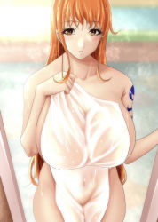 Rule 34 | 1girl, arm tattoo, bath, blurry, blurry background, blush, breasts, collarbone, commentary, covered navel, covering privates, cowboy shot, expressionless, eyelashes, huge breasts, indoors, long hair, looking at viewer, moriton, naked towel, nami (one piece), nude, nude cover, one piece, orange eyes, orange hair, parted lips, sidelocks, solo, standing, steam, tattoo, towel, wet