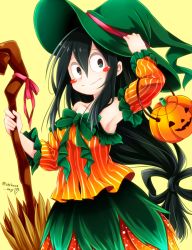 Rule 34 | 10s, 1girl, :&gt;, armpits, asui tsuyu, bare shoulders, black hair, blush, blush stickers, boku no hero academia, bow, breasts, broom, chikuwa savy, closed mouth, cowboy shot, detached sleeves, frilled sleeves, frills, green bow, green eyes, green hat, hair between eyes, hair rings, halloween, halloween costume, hand on headwear, hand up, hat, holding, holding broom, jack-o&#039;-lantern, lantern, long hair, looking at viewer, low-tied long hair, pink ribbon, ribbon, signature, skirt, small breasts, solo, strapless, striped, vertical stripes, witch hat