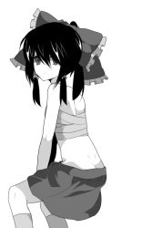 Rule 34 | 1girl, bad id, bad pixiv id, butt crack, clothes pull, dimples of venus, female focus, greyscale, hair between eyes, hakurei reimu, kneehighs, looking back, monochrome, ren (zero second), ribbon, sarashi, simple background, skirt, skirt pull, socks, solo, touhou, white background