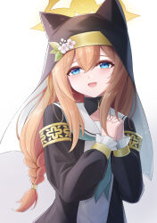 Rule 34 | 1girl, animal hood, black dress, black headwear, blue archive, blue eyes, blush, dress, habit, halo, hood, looking at viewer, mari (blue archive), nun, open mouth, orange hair, own hands together, rika ryne, smile, solo, white background, yellow halo