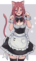 Rule 34 | 1girl, alternate costume, animal ear fluff, animal ears, apron, back bow, bell, black bow, black bowtie, black choker, black dress, black thighhighs, blue eyes, blush, bow, bowtie, breasts, brown hair, cat ears, cat tail, choker, cleavage, commentary, dress, embarrassed, enmaided, eyelashes, fake animal ears, frilled apron, frilled dress, frills, furrowed brow, go-toubun no hanayome, grey background, hair between eyes, hair over breasts, half-closed eyes, hands up, highres, large breasts, long hair, looking at viewer, maid, maid apron, maid headdress, medium breasts, nakano miku, neck bell, open mouth, paw pose, paw print, paw print background, profnote, ribbon, sidelocks, simple background, solo, standing, tail, teeth, thighhighs, upper teeth only, white apron, white bow, white ribbon, white wrist cuffs, wrist cuffs