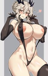 Rule 34 | 1girl, absurdres, artoria pendragon (lancer alter) (fate), breasts, covered erect nipples, curvy, ebora, elbow gloves, fate/grand order, fate (series), gloves, grey hair, groin, highres, huge breasts, large areolae, slingshot swimsuit, swimsuit, yellow eyes