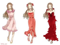 Rule 34 | 3wa tari, aerith gainsborough, aerith gainsborough (basic pink dress), aerith gainsborough (pink dress), aerith gainsborough (red dress), arms behind back, bow, breasts, brown hair, cleavage, closed eyes, dress, final fantasy, final fantasy vii, final fantasy vii remake, frilled dress, frills, full body, hair bow, hair ribbon, multiple persona, official alternate costume, open mouth, pink dress, red dress, ribbon, sandals, simple background, smile, strapless, strapless dress, wall market