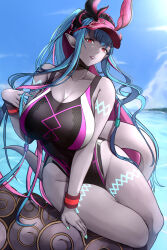Rule 34 | 1girl, absurdres, bare shoulders, black one-piece swimsuit, blue hair, blue sky, blush, body markings, breasts, cleavage, collarbone, colored skin, covered navel, fate/grand order, fate (series), grey skin, hat, highleg, highleg swimsuit, highres, horns, huge breasts, ibuki douji (fate), ibuki douji (swimsuit berserker) (fate), ibuki douji (swimsuit berserker) (first ascension) (fate), long hair, looking at viewer, multicolored hair, nail polish, ocean, one-piece swimsuit, oni, oni horns, parted lips, pink hair, pink hat, pink one-piece swimsuit, pointy ears, ponytail, red eyes, sidelocks, sky, smile, solo, souma (so u maaaaa), swimsuit, tail, thigh strap, thighs, two-tone swimsuit, visor cap