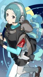 Rule 34 | 1girl, aqua hair, blue background, brown eyes, brown footwear, commentary, eyelashes, full body, grey hoodie, highres, hood, hoodie, looking at viewer, nao (syn eaa), parted lips, persona, persona 3, persona 3 reload, shoes, short hair, solo, thighhighs, white thighhighs, yamagishi fuuka, zipper, zipper pull tab, zoom layer