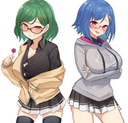 Rule 34 | :d, absurdres, alternate breast size, arm under breasts, bespectacled, blue hair, blue neckwear, blush, breasts, choco tanuki, cleavage, collarbone, collared shirt, crossed arms, dolphin hair ornament, dress shirt, earrings, fang, glasses, grey hoodie, grin, hair ornament, hairclip, highres, hood, hoodie, jacket, jewelry, kitakoji hisui, large breasts, long sleeves, looking at viewer, miniskirt, mole, mole on thigh, naughty face, necktie, nijisanji, nishizono chigusa, open mouth, plaid neckwear, pleated skirt, print hoodie, purple eyes, school uniform, shirt, short hair, simple background, skin fang, skirt, smile, thighhighs, virtual youtuber, white background, yellow eyes