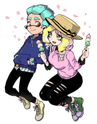 Rule 34 | 1boy, 1girl, black pants, blonde hair, blue hair, blue hoodie, bow, breasts, brown hat, closed mouth, commentary request, cross-laced footwear, dango, dede (qwea 00000), falling petals, fang, food, green eyes, green footwear, hands in pockets, hat, hat bow, holding, holding food, holding stick, hood, hoodie, inkling, inkling boy, inkling player character, korean commentary, medium hair, nintendo, octoling, octoling girl, octoling player character, open mouth, pants, petals, pink hoodie, red eyes, shoes, short hair, simple background, smile, splatoon (series), splatoon 3, stick, tentacle hair, thick eyebrows, torn clothes, torn pants, wagashi, white background, yellow footwear