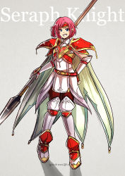Rule 34 | 1girl, armor, bad id, bad tumblr id, blue eyes, breastplate, cape, fire emblem, fire emblem: path of radiance, fire emblem: radiant dawn, full body, gloves, greaves, grey background, grin, gzei, headband, holding, holding spear, holding weapon, looking at viewer, marcia (fire emblem), nintendo, pauldrons, pink hair, polearm, shoulder armor, simple background, smile, solo, spear, weapon
