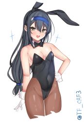 Rule 34 | 1girl, animal ears, black hair, black leotard, blue headband, blush, bow, bowtie, breasts, brown pantyhose, covered navel, cowboy shot, detached collar, fake animal ears, fake tail, hatsushimo (kancolle), hatsushimo kai ni (kancolle), headband, highleg, highleg leotard, highres, kantai collection, leotard, long hair, looking at viewer, low-tied long hair, open mouth, pantyhose, playboy bunny, rabbit ears, red eyes, simple background, small breasts, smile, solo, strapless, strapless leotard, tail, tf cafe, traditional bowtie, twitter username, white background, wrist cuffs