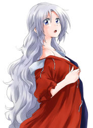 Rule 34 | 1girl, alternate hairstyle, blue eyes, hair down, long hair, no headwear, open mouth, silver hair, simple background, solo, touhou, undressing, unya, very long hair, white background, yagokoro eirin