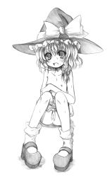 Rule 34 | 1girl, blush, braid, cleft of venus, female focus, flat chest, greyscale, hat, kirisame marisa, kurona, monochrome, nipples, nude, open mouth, pussy, simple background, sitting, solo, touhou, white background, witch hat