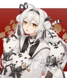 Rule 34 | 1girl, black bow, black skirt, bow, commission, double bun, floral print, formal, grey hair, hair between eyes, hair bun, hairband, highres, jewelry, key, kumashige, looking at viewer, mole, mole under eye, necklace, open mouth, red background, sidelocks, skirt, solo, suit, tiger, white hair, white neckwear, white tiger, yellow eyes