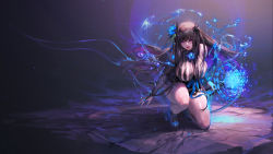 Rule 34 | 1girl, aura, bare shoulders, black dress, black legwear, blue footwear, breasts, brown hair, cleavage, closed mouth, crack, cracked floor, curvy, destiny child, detached sleeves, dress, eve (destiny child), flower, gem, gloves, hair between eyes, hair flower, hair ornament, highres, holding, holding wand, huge breasts, hyulla, legs, long hair, looking at viewer, magic, multicolored hair, nail polish, on one knee, partially fingerless gloves, pink eyes, purple hair, red lips, revealing clothes, solo, squatting, thick thighs, thighs, wand, water