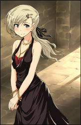 Rule 34 | 1girl, bare shoulders, blonde hair, blue eyes, bracelet, dress, earrings, formal, hair ornament, hairclip, hanyu, jewelry, long hair, martina crespi, necklace, solo, strike witches, strike witches: kurenai no majo-tachi, world witches series