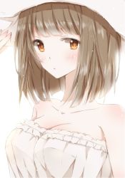 Rule 34 | 1girl, bad id, bad pixiv id, bare shoulders, blunt bangs, blush, bob cut, breasts, brown eyes, brown hair, collarbone, frills, hand on headwear, hiro (hirohiro31), looking at viewer, looking to the side, original, short hair, simple background, sleeveless, solo, strapless, upper body, white background