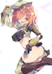 Rule 34 | 1girl, :d, absurdres, ass, beret, boots, breasts, brown footwear, commentary request, commission, covered erect nipples, elbow gloves, from behind, fujishima-sei ichi-gou, gloves, hair over one eye, hat, highres, knee boots, large breasts, looking at viewer, looking back, military, open mouth, orange hair, original, single elbow glove, skeb commission, smile, solo, thighhighs, yellow eyes