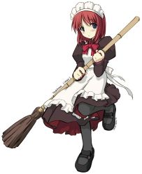 Rule 34 | 00s, 1girl, artist name, bamboo broom, blue eyes, blush, broom, character name, copyright name, female focus, hisui (tsukihime), kooriyama azuki, looking at viewer, maid, maid headdress, mary janes, pantyhose, red hair, shoes, short hair, simple background, solo, tsukihime, white background