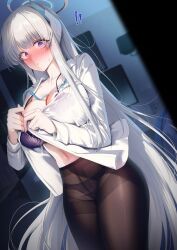 Rule 34 | !, !!, 1girl, black pantyhose, blue archive, blush, bra, breasts, commentary, commission, cowboy shot, dress shirt, dutch angle, fingernails, grey hair, halo, headphones, highres, indoors, lanyard, large breasts, long fingernails, long hair, long sleeves, looking at viewer, mechanical halo, navel, no pants, noa (blue archive), panties, panties under pantyhose, pantyhose, parted lips, pixiv commission, purple bra, purple eyes, red pupils, shirt, sidelocks, solo, surprised, sweatdrop, thighband pantyhose, underwear, undressing, very long hair, white hair, white shirt, wide-eyed, yampa