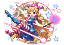 Rule 34 | 1girl, american flag dress, american flag legwear, american flag shirt, blonde hair, blush, clownpiece, danmaku, dress, earrings, fairy wings, full body, full moon, hat, jester cap, jewelry, laser, long hair, masaru.jp, moon, neck ruff, one eye closed, open mouth, outstretched arm, pantyhose, pointing, pointing up, print pantyhose, red eyes, short dress, short sleeves, smile, solo, star (symbol), striped clothes, striped pantyhose, touhou, very long hair, white background, wings