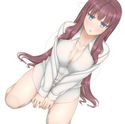 Rule 34 | 10s, 1girl, alternate hairstyle, between legs, blue eyes, blush, breasts, brown hair, cleavage, collarbone, collared shirt, dress shirt, hair down, hand between legs, highres, kyounami, large breasts, long hair, long sleeves, looking at viewer, mole, mole on breast, new game!, open mouth, shirt, sitting, sleepy, solo, takimoto hifumi, unbuttoned, v arms, very long hair, white background, white shirt, wing collar