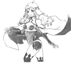 Rule 34 | 1girl, ahoge, bodystocking, breast cutout, breasts, bridal gauntlets, cape, circlet, covered navel, fire emblem, fire emblem fates, greyscale, insarability, long hair, looking at viewer, medium breasts, monochrome, nintendo, ophelia (fire emblem), panties, solo, thighhighs, thighs, turtleneck, underwear, upper body, white background