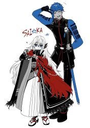 Rule 34 | 1boy, 1girl, ?, arm behind back, belt, blue eyes, blue hair, cape, character name, crossover, fangs, fate/grand order, fate (series), fingerless gloves, full body, gloves, hacchou nenbutsu (touken ranbu), highres, japanese clothes, katana, limited palette, long hair, looking at viewer, red cape, saika magoichi (fate), sandals, short hair, simple background, skirt, smile, sword, tabi, thigh belt, thigh strap, touken ranbu, v, weapon, white background, yamator10t