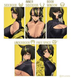 Rule 34 | 1girl, absurdres, animal ears, bad id, bad pixiv id, bare shoulders, black hair, black mask, black sweater, blonde hair, breasts, cleavage, cleavage cutout, clothing cutout, collarbone, english text, facial mark, hair over one eye, highres, horns, j.moon, jacket, large breasts, lilith (lilycious), mask, meme, mole, mole on breast, mouth mask, multicolored hair, multiple drawing challenge, multiple views, original, shirt cut meme, sideboob, streaked hair, sweater, tongue, tongue out, underboob, yellow background, yellow eyes, yellow jacket