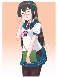 Rule 34 | 1girl, black pantyhose, blue hairband, blue skirt, blush, closed eyes, collared shirt, commentary, contrail, eyebrows, geometrie, glasses, hairband, highres, hip vent, kantai collection, long hair, necktie, notebook, ooyodo (kancolle), open mouth, pantyhose, pleated skirt, red necktie, school uniform, semi-rimless eyewear, serafuku, shirt, skirt, smile, solo, sweat, sweatdrop, white shirt