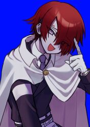 Rule 34 | 1boy, :d, black jacket, blue background, cape, collared shirt, commentary request, finger to face, gloves, hair over one eye, jacket, long sleeves, looking at viewer, male focus, master detective archives: rain code, necktie, open mouth, purple eyes, purple necktie, red hair, roro 6638, shirt, short hair, simple background, smile, solo, white cape, white gloves, white shirt, yomi hellsmile