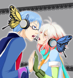 Rule 34 | 1boy, 1girl, blue eyes, blue hair, blue shirt, butterfly, butterfly hair ornament, eye contact, face-to-face, glasses, gradient hair, grey background, hair ornament, headphones, hubert ozwell, looking at another, magnet (vocaloid), multicolored hair, mumiriko, pascal (tales), red hair, shirt, tales of (series), tales of graces, two-tone hair, vocaloid, white hair, yellow eyes