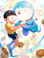 Rule 34 | 1girl, 2boys, ;d, bag, birthday, black eyes, black hair, blue footwear, blue shorts, blurry, blurry background, blush, bright pupils, character name, character request, closed mouth, collar, collared shirt, commentary request, confetti, dated, doraemon, doraemon (character), dorayaki, food, full body, glasses, happy birthday, highres, holding hands, looking at another, male focus, masser0209, multiple boys, nobi nobita, one eye closed, open mouth, paper bag, red collar, shirt, shoes, short hair, short sleeves, shorts, smile, socks, wagashi, whiskers, white pupils, white socks, yellow shirt