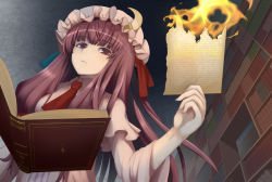 Rule 34 | 1girl, book, crescent, female focus, fire, hat, indoors, long hair, patchouli knowledge, purple eyes, purple hair, shiro-inu, solo, touhou