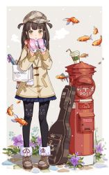 Rule 34 | 1girl, :d, anchor print, animal print, ankle boots, bag, black pantyhose, blue skirt, blunt bangs, blush, boots, breath, brown coat, brown footwear, brown hat, cabbie hat, cat print, closed mouth, coat, cup, drinking straw, fish, flower, full body, gloves, guitar case, hat, heart, highres, instrument case, long hair, long sleeves, looking at viewer, mailbox, miniskirt, multicolored clothes, multicolored scarf, open mouth, original, pantyhose, paw print, pigeon-toed, pink gloves, plaid, plaid headwear, pleated skirt, pom pom (clothes), print gloves, print pantyhose, purple flower, scarf, shopping bag, skirt, smile, solo, standing, tareme, two side up, violet (flower), yamano (yamanoh), yellow eyes