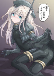 Rule 34 | 1girl, black bodysuit, black dress, blonde hair, blue eyes, bodysuit, commentary request, cropped jacket, dress, fuji (pixiv24804665), garrison cap, hat, highres, kantai collection, long hair, sexually suggestive, skirt hold, snorkel, solo, translation request, u-511 (kancolle)
