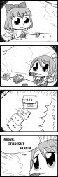 Rule 34 | 2girls, 4koma, bkub, bow, card, cigar, cirno, clothes, comic, cup, daiyousei, drinking glass, emphasis lines, english text, greyscale, hair between eyes, hair bow, highres, holding, holding card, ice, ice cube, monochrome, multiple girls, nude, playing card, poker, poker chip, short hair, simple background, smoke, smoking, speed lines, strip game, strip poker, table, touhou, translation request, two-tone background, wings